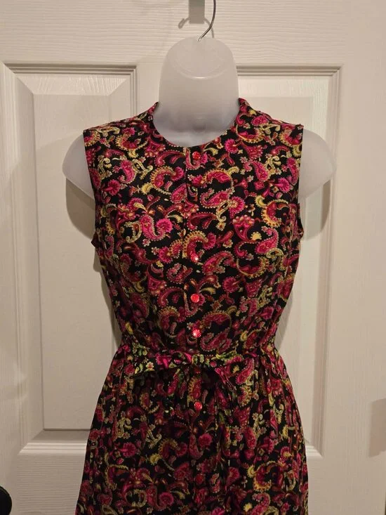 Vintage 1960s Pink & Green Paisley Sleeveless Jumpsuit Size Small - Picture 4 of 13